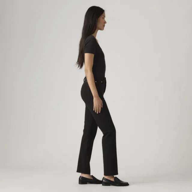 【LEVIS】女 Wedgie高腰修身直筒排釦牛仔長褲/黑色基本款/彈性布料 及踝款 熱賣單品 34964-0023