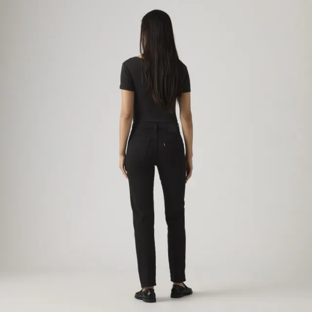 【LEVIS】女 Wedgie高腰修身直筒排釦牛仔長褲/黑色基本款/彈性布料 及踝款 熱賣單品 34964-0023