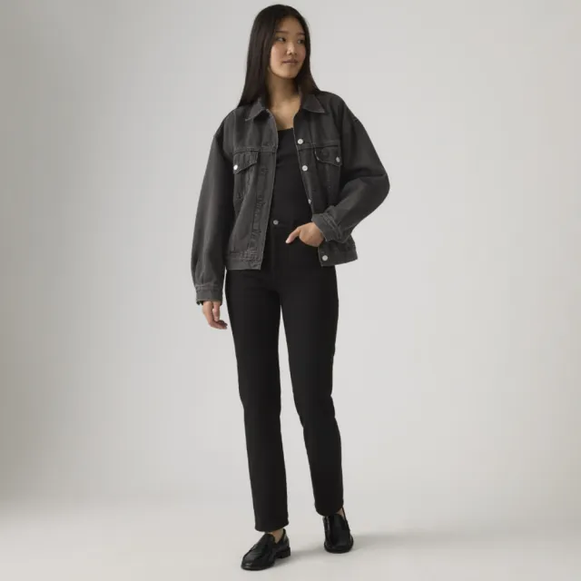 【LEVIS】女 Wedgie高腰修身直筒排釦牛仔長褲/黑色基本款/彈性布料 及踝款 熱賣單品 34964-0023