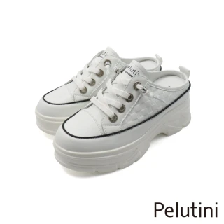 【Pelutini】經典厚底伸縮免綁帶方格壓紋厚底增高休閒鞋 白色(545006W-WH)