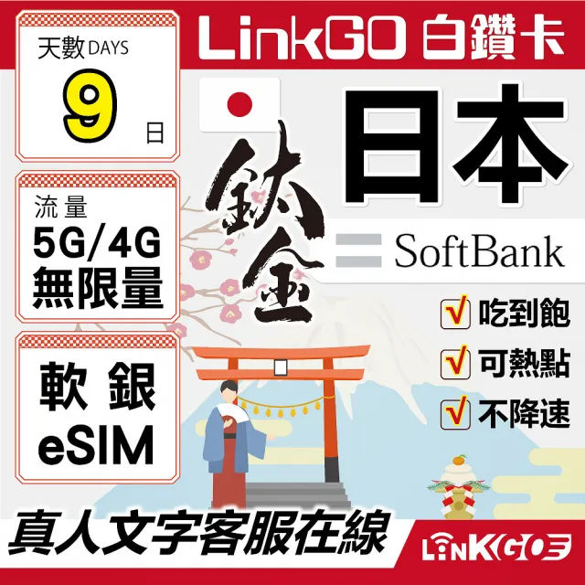 【LINKGO】白鑽卡 日本 eSIM卡 Softbank 9天鈦金款吃到飽不降速(日本網卡 東京 大阪 福岡 北海道 沖繩)