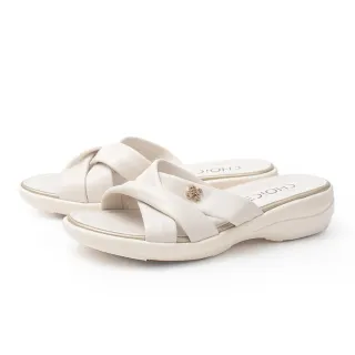 【CHOiCE】柔軟羊皮交叉帶輕量厚底拖鞋(米白)