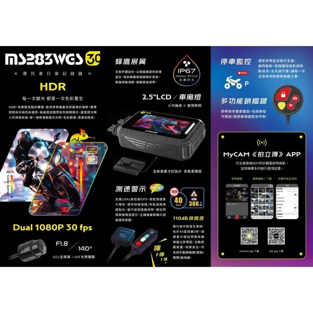 【Polaroid 寶麗萊】含安裝白牌 MS283WGS GPS測速版 附記憶卡(機車雙鏡頭行車紀錄器-新上市！小蜂鷹)