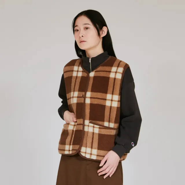 【Champion】官方直營 女款-CASUAL 格紋抓毛絨口袋背心-褐/米色格紋(CW-C602-860 日規)