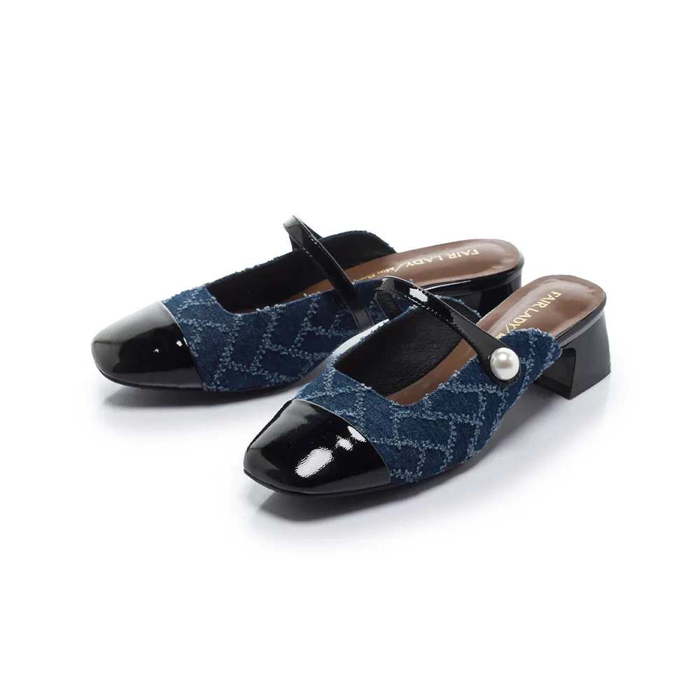 【FAIR LADY】優雅小姐 典雅雙色拼接方頭穆勒跟鞋(牛仔藍、4B2957)