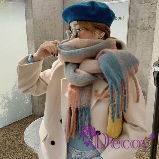 【Decoy】清新色系 方格拼接流蘇仿羊絨披肩圍巾(顏色可選)
