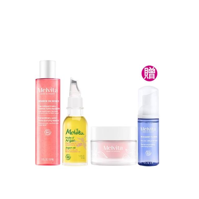 【Melvita 蜜葳特】王者玫瑰保濕光潤組(精萃露150ml+彈力霜50ml+玫瑰堅果油50ml)