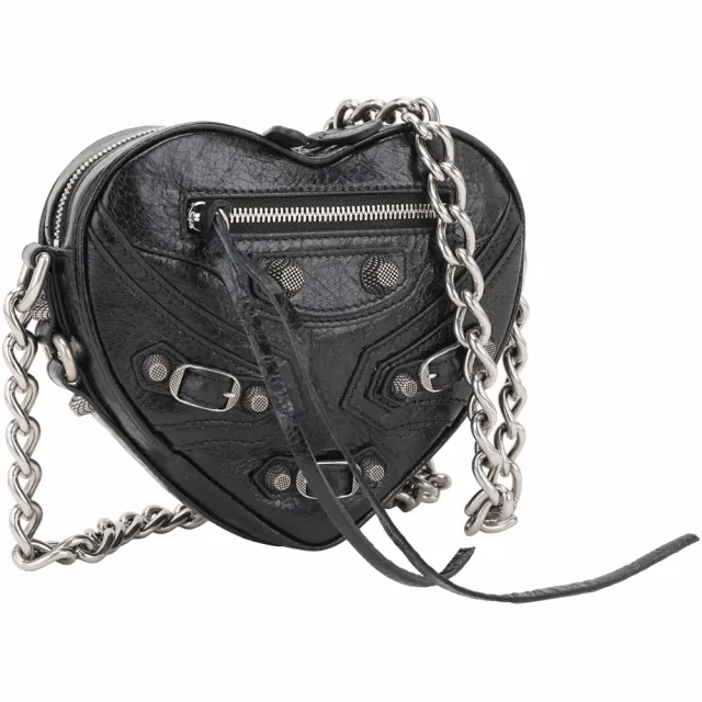 【Balenciaga 巴黎世家】Le Cagole 揉製小羊皮銀鍊斜背愛心包-黑色(愛心包 鍊帶包 斜背包)