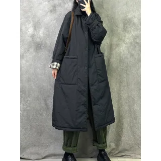 【ACheter】加厚夾棉外套風衣長款寬鬆大碼保暖#126540(卡其  咖  黑)