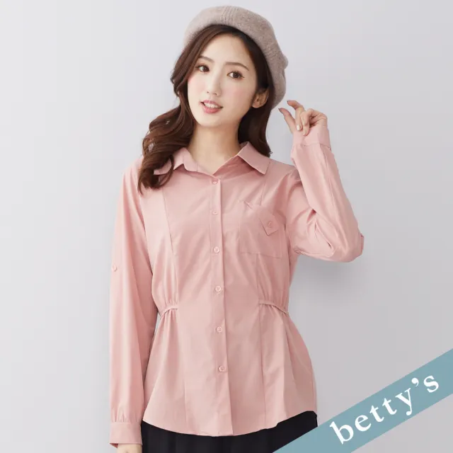 【betty’s 貝蒂思】出清品 腰間抽皺綁帶細格紋襯衫(粉色)