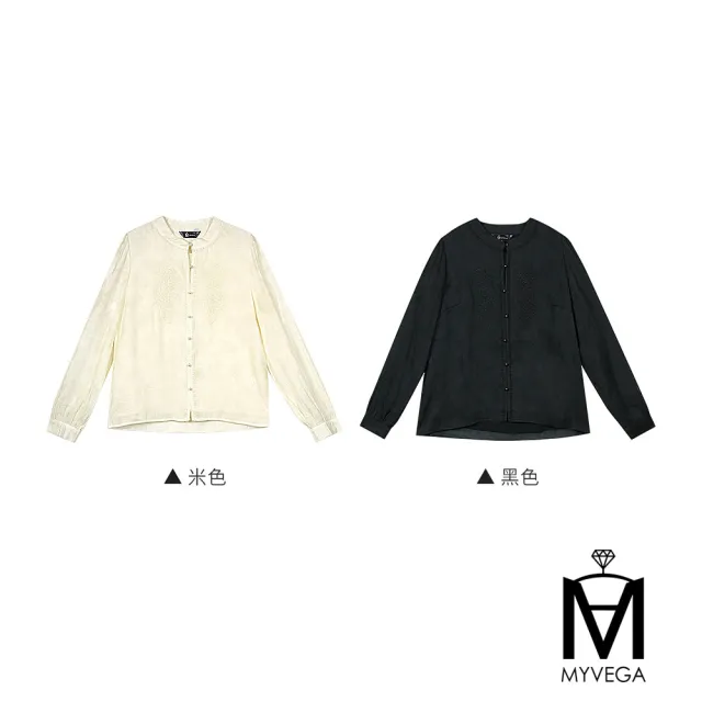 【MYVEGA 麥雪爾】MA圖騰刺繡造型珍珠排釦上衣-共二色(日系/女上衣/雪紡上衣/蕾絲上衣)