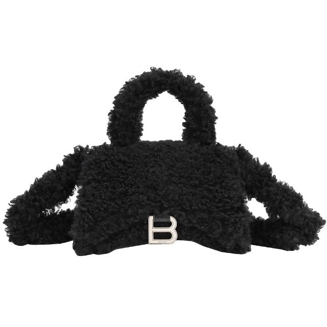 【Balenciaga 巴黎世家】Fluffy Hourglass XS 毛茸手提/斜背沙漏包-黑色(絨毛包 手提包 斜背包)