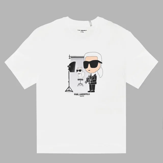 【KARL LAGERFELD 卡爾】老佛爺Q版攝影元素個性棉質短T恤(白)