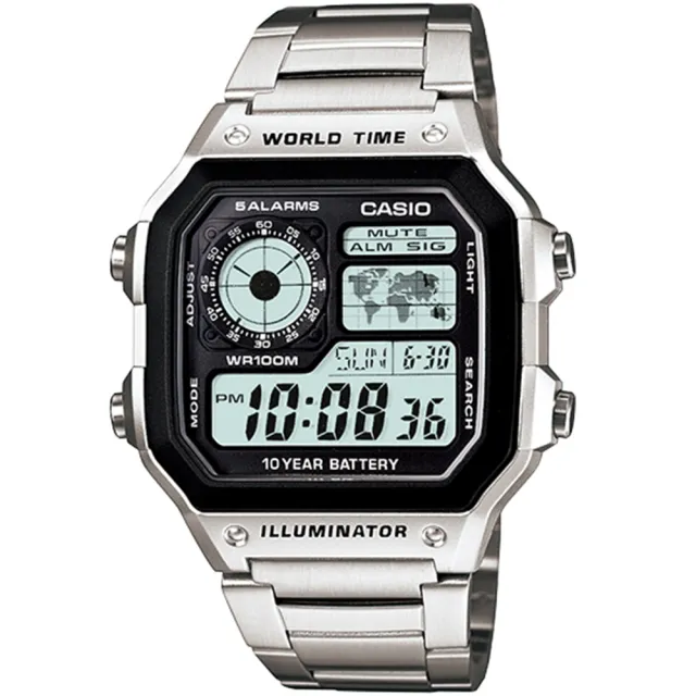 【CASIO 卡西歐】世界地圖10年電力電子錶 雙11 送禮(AE-1200WHD-1A)