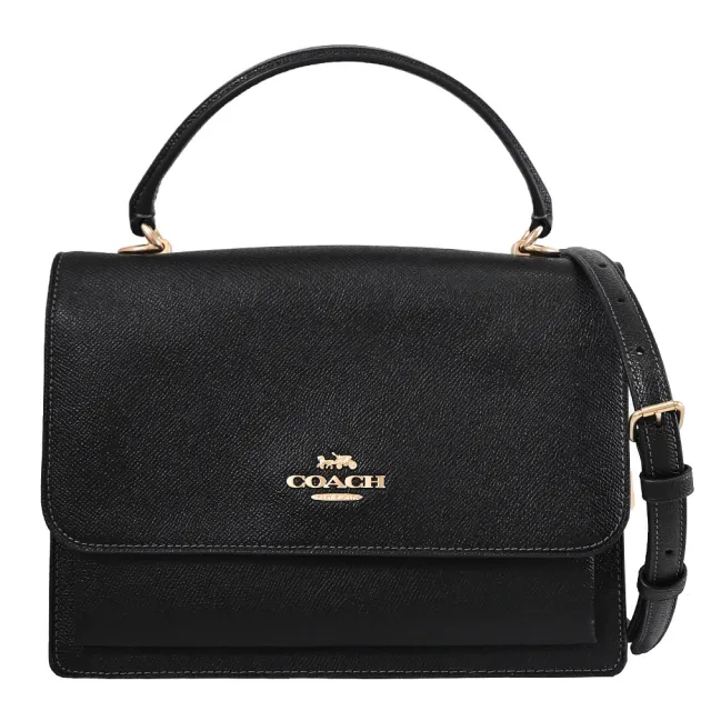 【COACH】Klare 簡約金屬LOGO防刮皮革翻蓋手提包兩用包(黑)