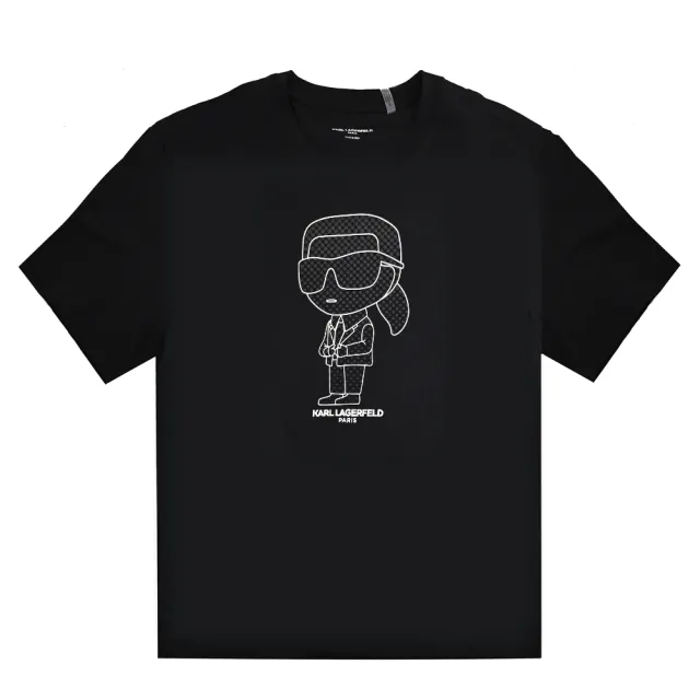 【KARL LAGERFELD 卡爾】老佛爺Q版大網點線條個性棉質短T恤(黑)