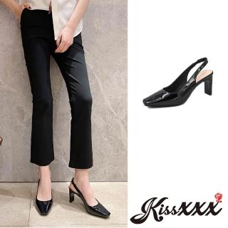 【KissXXX】高跟涼鞋 方頭涼鞋 漆皮涼鞋/法式純色小方頭亮漆皮6CM包頭高跟涼鞋(黑)