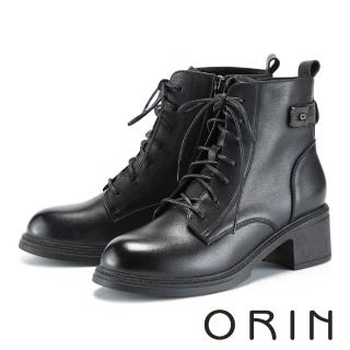 【ORIN】復古蠟感牛皮綁帶粗跟短靴(黑色)
