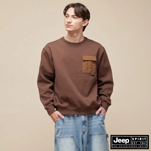 【JEEP】男裝 異材質口袋拼接設計長袖T恤(咖啡色)