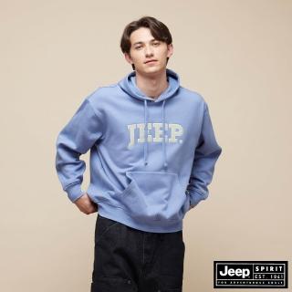 【JEEP】男裝 跳色燈心絨LOGO長袖連帽T恤(藍色)