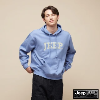【JEEP】男裝 跳色燈心絨LOGO長袖連帽T恤(藍色)