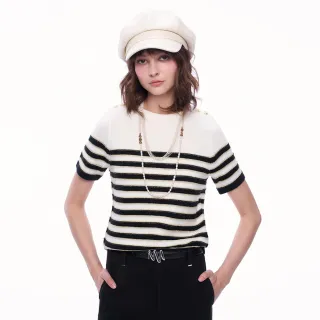 【MOMA】減齡金銀線條紋盾牌釦針織上衣(白底花布)