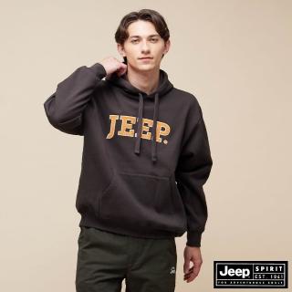 【JEEP】男裝 跳色燈心絨LOGO長袖連帽T恤(咖啡色)