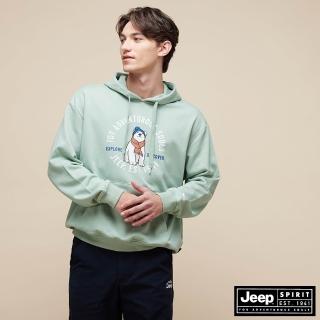 【JEEP】男裝 手繪北極熊印花長袖連帽T恤(綠色)