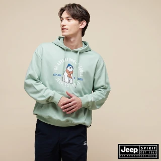 【JEEP】男裝 手繪北極熊印花長袖連帽T恤(綠色)