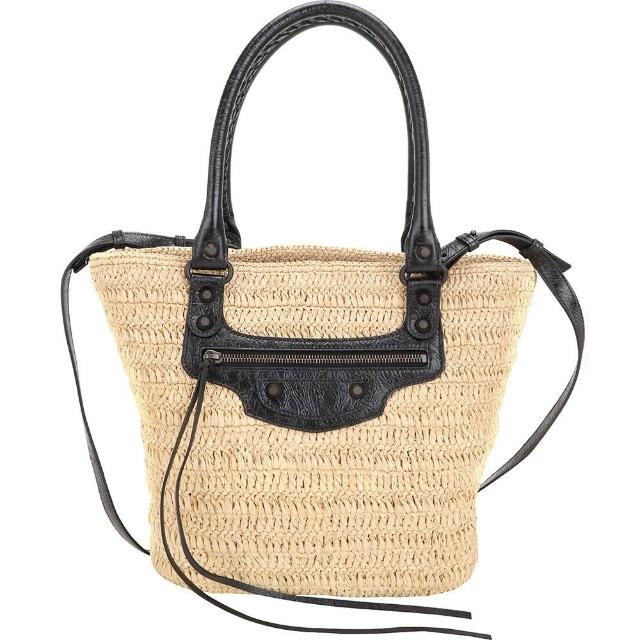 【Balenciaga 巴黎世家】Le City 小型 拉菲草編織拼小羊皮手提 斜背托特包-卡其色(托特包 草編包 手提包)