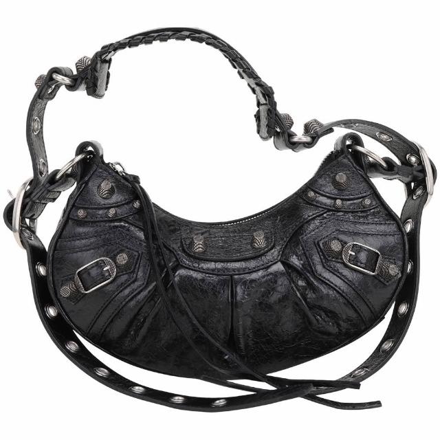 【Balenciaga 巴黎世家】Le Cagole XS 新版 鞣製小羊皮肩 斜背可頌包-黑色(肩背包 腋下包 可頌包)