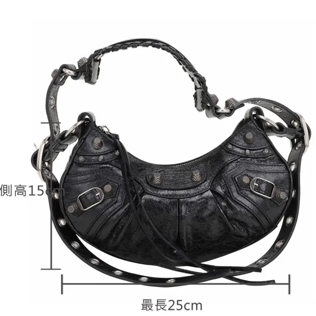 【Balenciaga 巴黎世家】Le Cagole XS 新版 鞣製小羊皮肩 斜背可頌包-黑色(肩背包 腋下包 可頌包)
