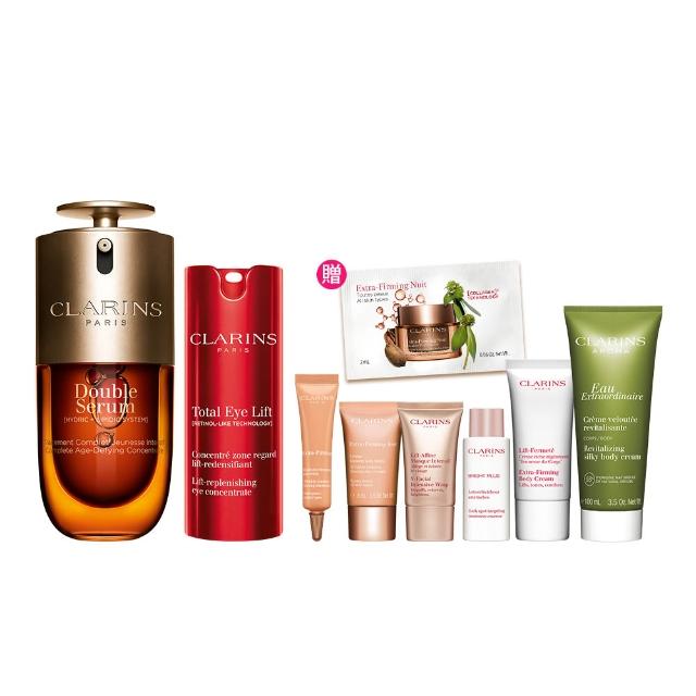 【CLARINS 克蘭詩】疾速撫紋發光組(黃金雙萃精華30ml+NEW賽車眼霜15ml)