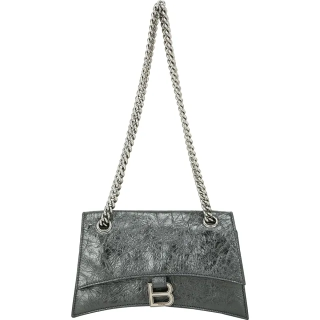 【Balenciaga 巴黎世家】Crush 小款 金屬感揉製牛皮鍊帶肩斜背包-銀灰(肩背包 鍊帶包 翻蓋包)