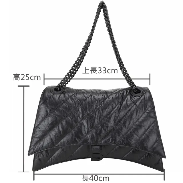 【Balenciaga 巴黎世家】Crush 大款 鞣製小牛皮絎縫鍊帶肩斜背包-全黑(肩背包 鍊帶包 翻蓋包)