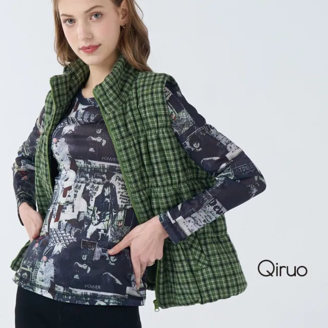 【Qiruo 奇若名品】保暖厚棉內裡 拉鍊立領綠格紋休閒背心6047D 