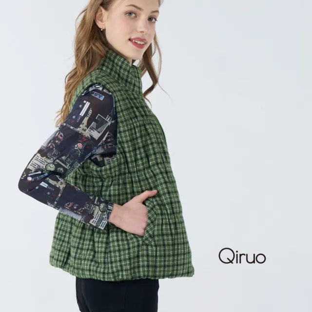 【Qiruo 奇若名品】保暖厚棉內裡 拉鍊立領綠格紋休閒背心6047D 