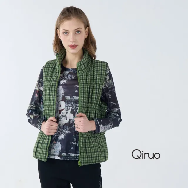 【Qiruo 奇若名品】保暖厚棉內裡 拉鍊立領綠格紋休閒背心6047D 