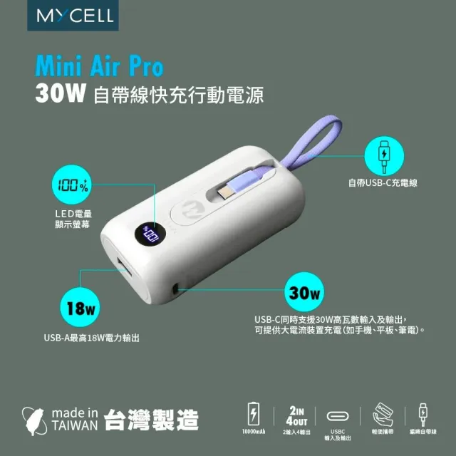 【MYCELL】Mini Air Pro 30W PD 10000 自帶線行動電源
