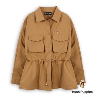 【Hush Puppies】女裝 襯衫 素色休閒腰抽繩刺繡小狗襯衫(咖啡 / 54212102)