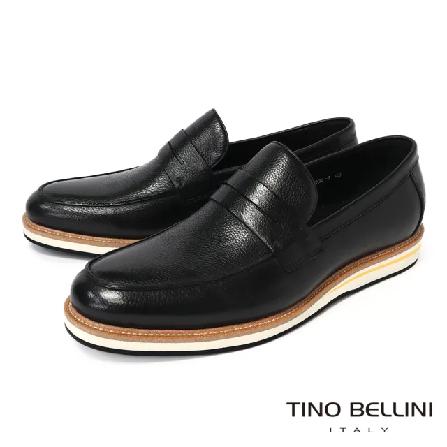【TINO BELLINI 貝里尼】真皮悄皮多色大底男鞋樂福鞋休閒鞋HM4T034-1(黑色)