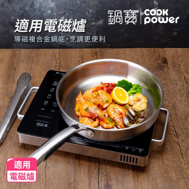 【CookPower 鍋寶】煎大師316不鏽鋼聚油平煎鍋28cm附蓋(IH/電磁爐適用)