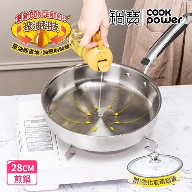 【CookPower 鍋寶】煎大師316不鏽鋼聚油平煎鍋28cm附蓋(IH/電磁爐適用)