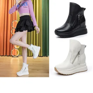 【T2R】正韓空運-真皮雙拉鍊造型內增高厚底楔型靴-增高約9公分-黑/米(5985-3176/5985-3177)