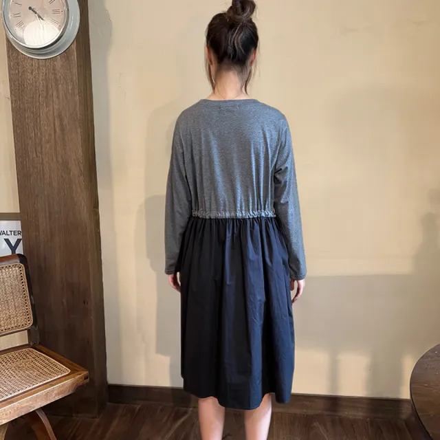 【Hana Mokuba】花木馬日系女裝不對稱面料拼接圓領長袖洋裝(洋裝)