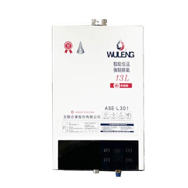 五聯 ASE-L301 瓦斯熱水器，FE強制排氣式設計，配備數位恆溫控制與電子式自動點火，提供穩定13L/min熱水輸出。熱效率高達83%，能源效率第二級，適閤家庭使用。尺寸530x350x143mm，重量僅11kg，電壓110V，保固1年，BSMI許可R00000，臺灣原廠製造，安全可靠的熱水解決方案。