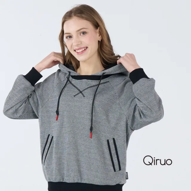 【Qiruo 奇若名品】軟保暖棉質 連帽長袖灰小格紋黑色休閒上衣 6259A 