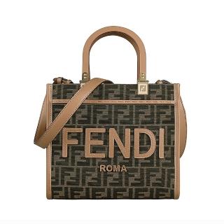 【FENDI 芬迪】FENDI Sunshine簍空皮標LOGO縫線設計滿版緹花布拼牛皮手提斜背包(小/咖啡x棕)