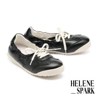 【HELENE SPARK】日常舒適柔軟皺感牛皮綁帶薄底休閒鞋(黑)