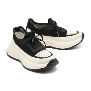 【MELROSE】美樂斯 撞色牛皮異材質彈性鞋帶厚底休閒鞋(黑)